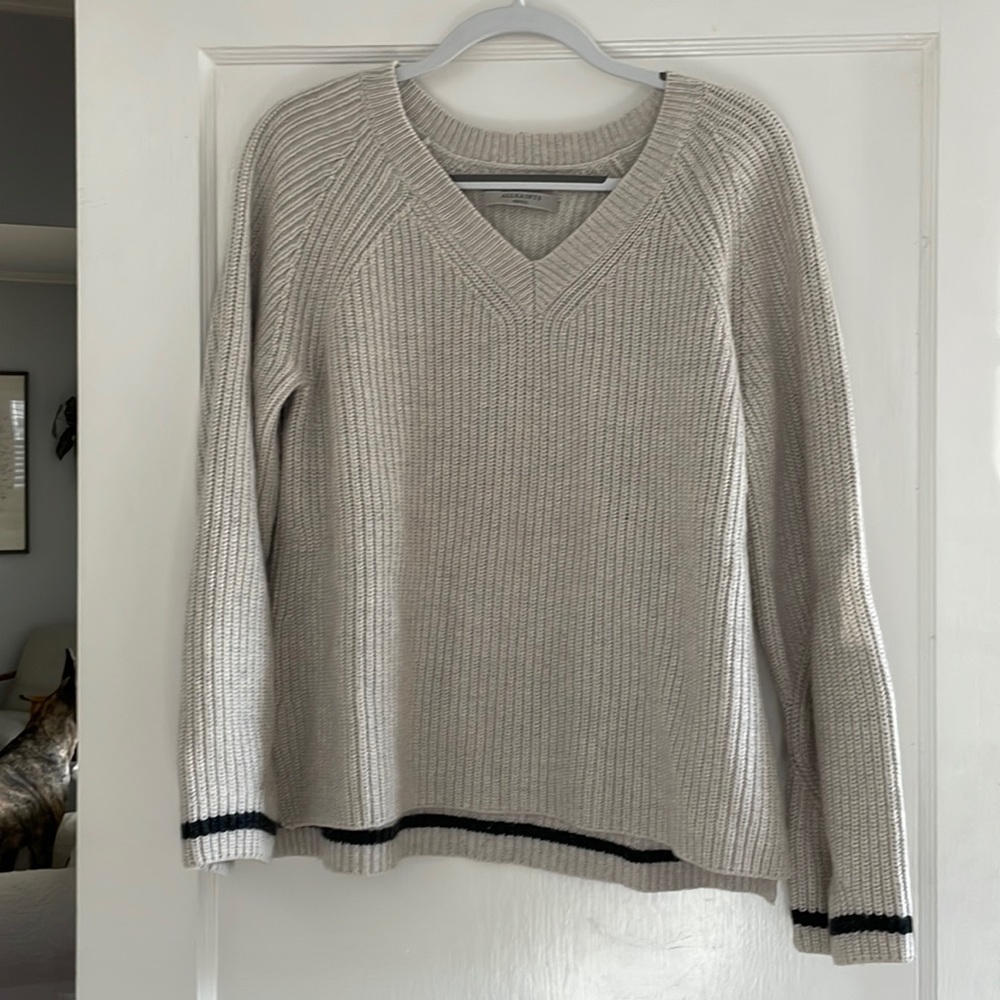 AllSaints Rib Knit Wool Cashmere Blend V-Neck Pullover Sweater Neutral Size S